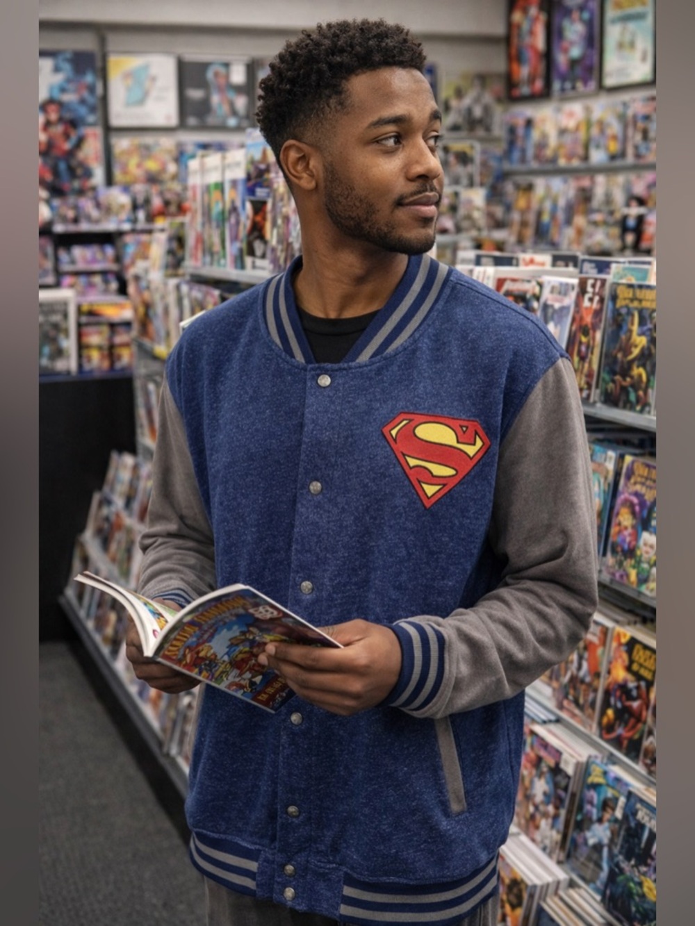 2015 DC Comics Superman Varsity Jacket Men’s L • Blue Gray • Button Up • NWT